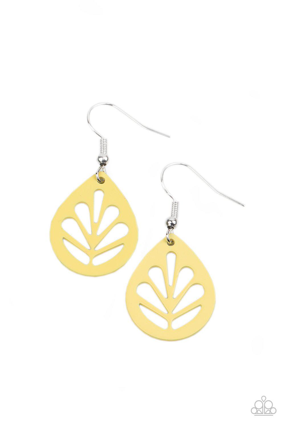 LEAF Yourself Wide Open Yellow Earrings - Paparazzi Accessories- lightbox - CarasShop.com - $5 Jewelry by Cara Jewels