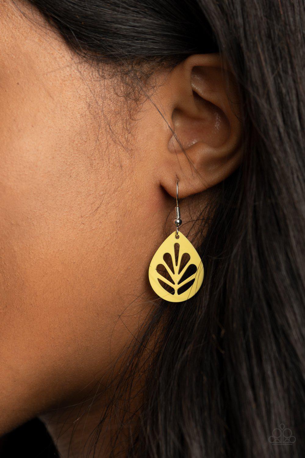 LEAF Yourself Wide Open Yellow Earrings - Paparazzi Accessories- model - CarasShop.com - $5 Jewelry by Cara Jewels