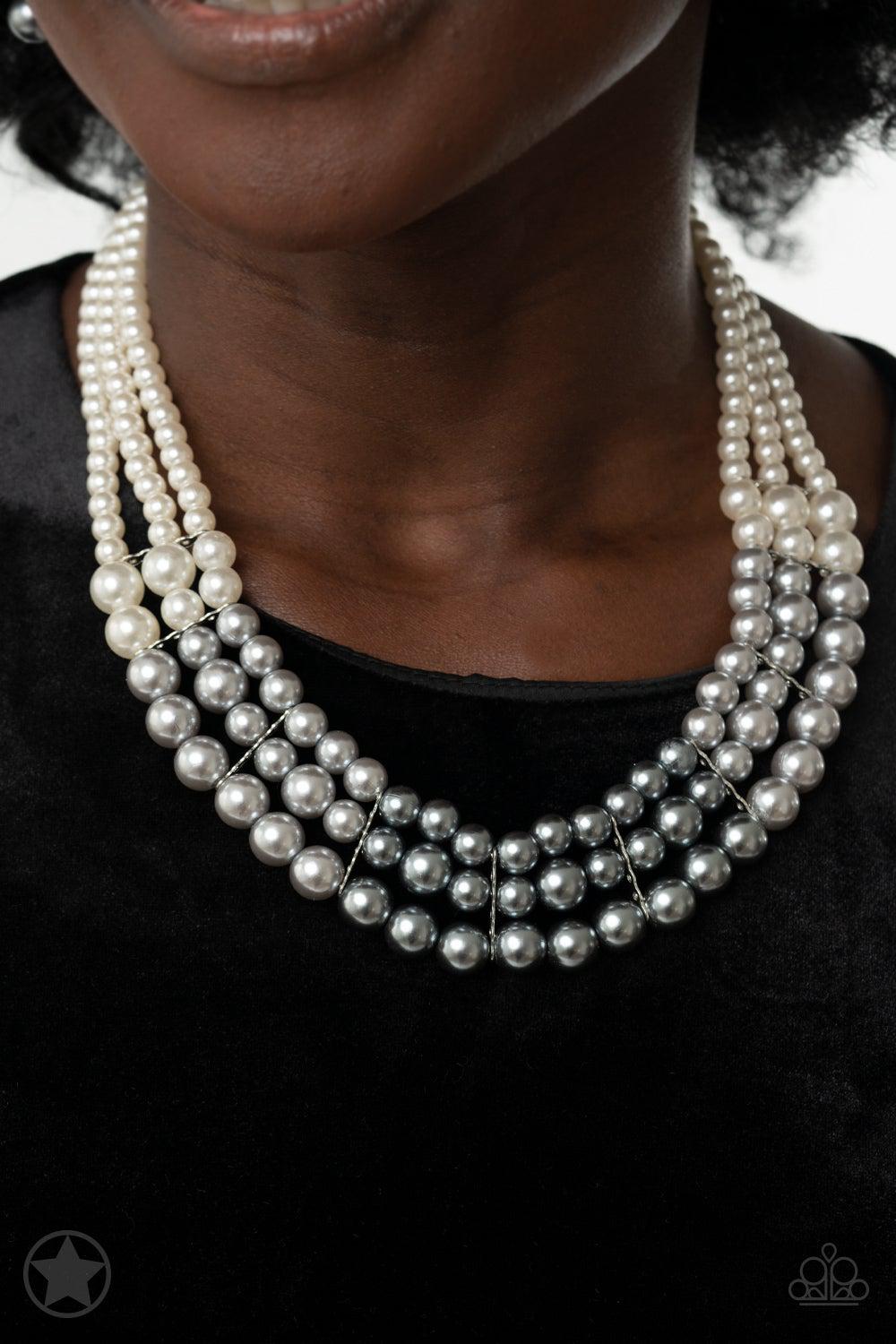 Lady in Waiting White and Silver Pearl Necklace and matching Earrings - Paparazzi Accessories - model -CarasShop.com - $5 Jewelry by Cara Jewels