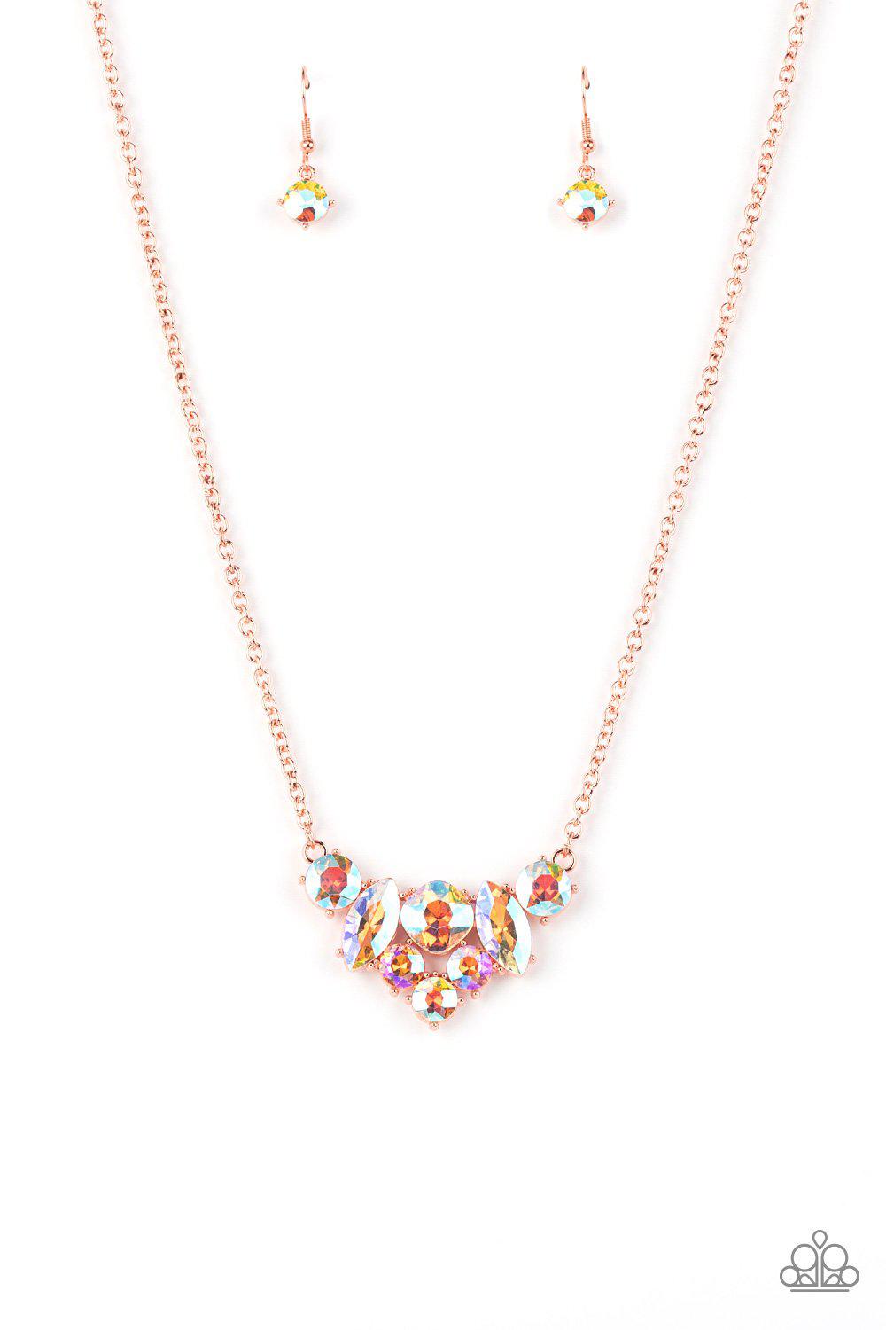 Lavishly Loaded Copper and Iridescent Rhinestone Necklace - Paparazzi Accessories Life of the Party Exclusive October 2021- lightbox - CarasShop.com - $5 Jewelry by Cara Jewels