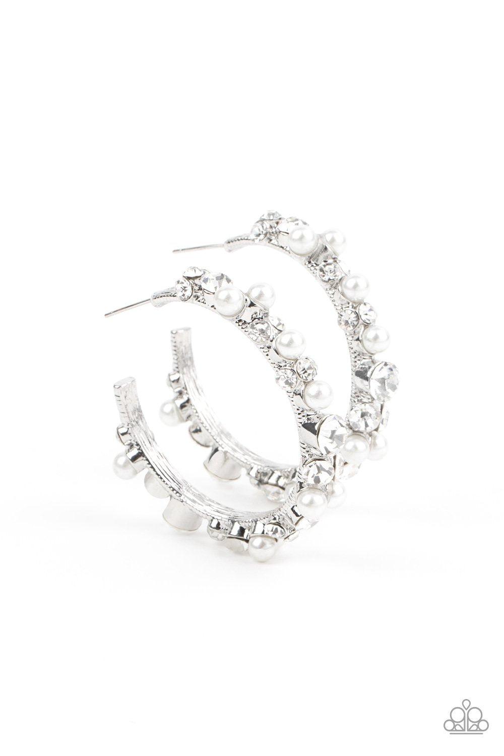 Let There Be SOCIALITE White Pearl and Rhinestone Hoop Earrings - Paparazzi Accessories Life of the Party Exclusive September 2021- lightbox - CarasShop.com - $5 Jewelry by Cara Jewels