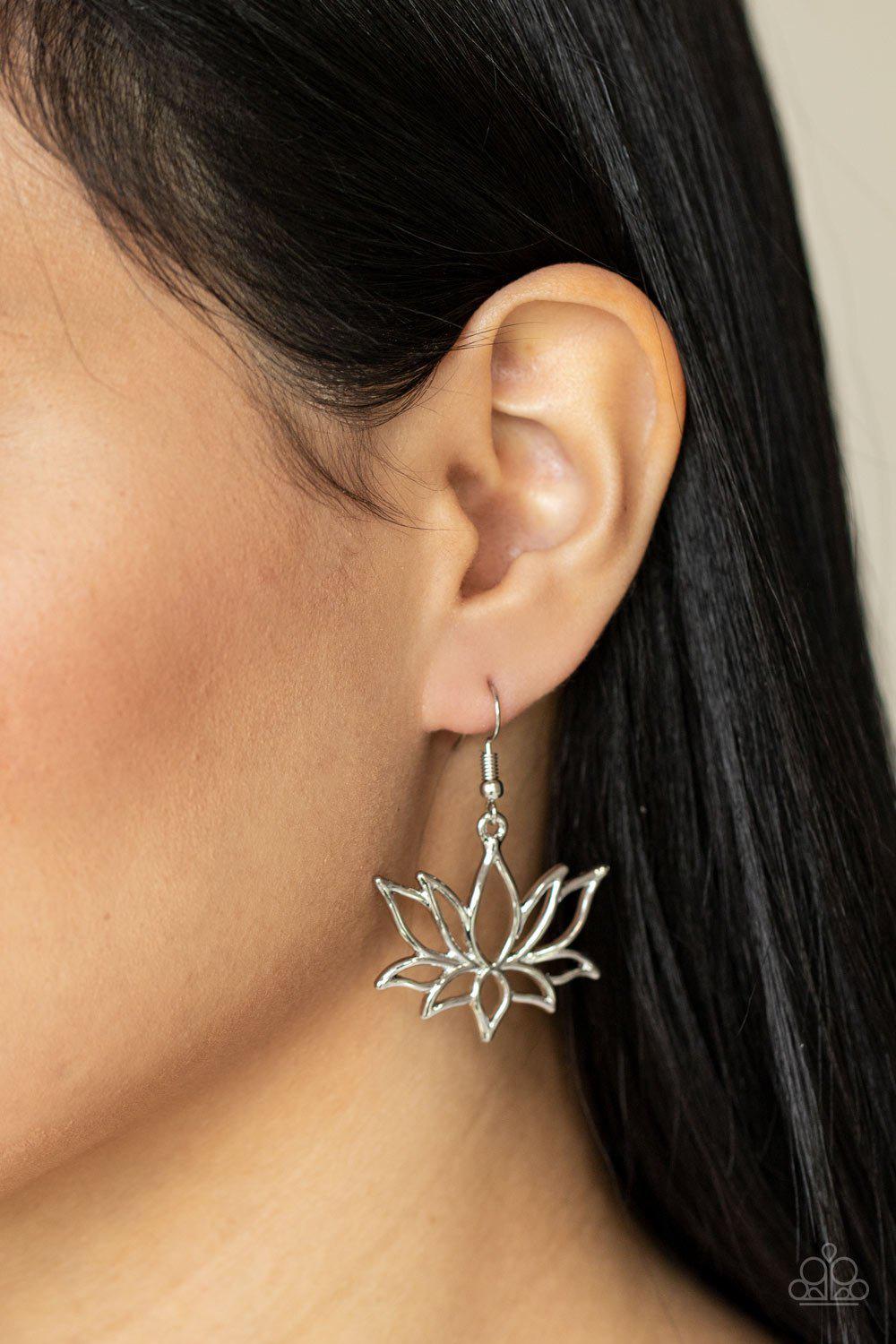 Lotus Ponds Silver Flower Earrings - Paparazzi Accessories - model -CarasShop.com - $5 Jewelry by Cara Jewels