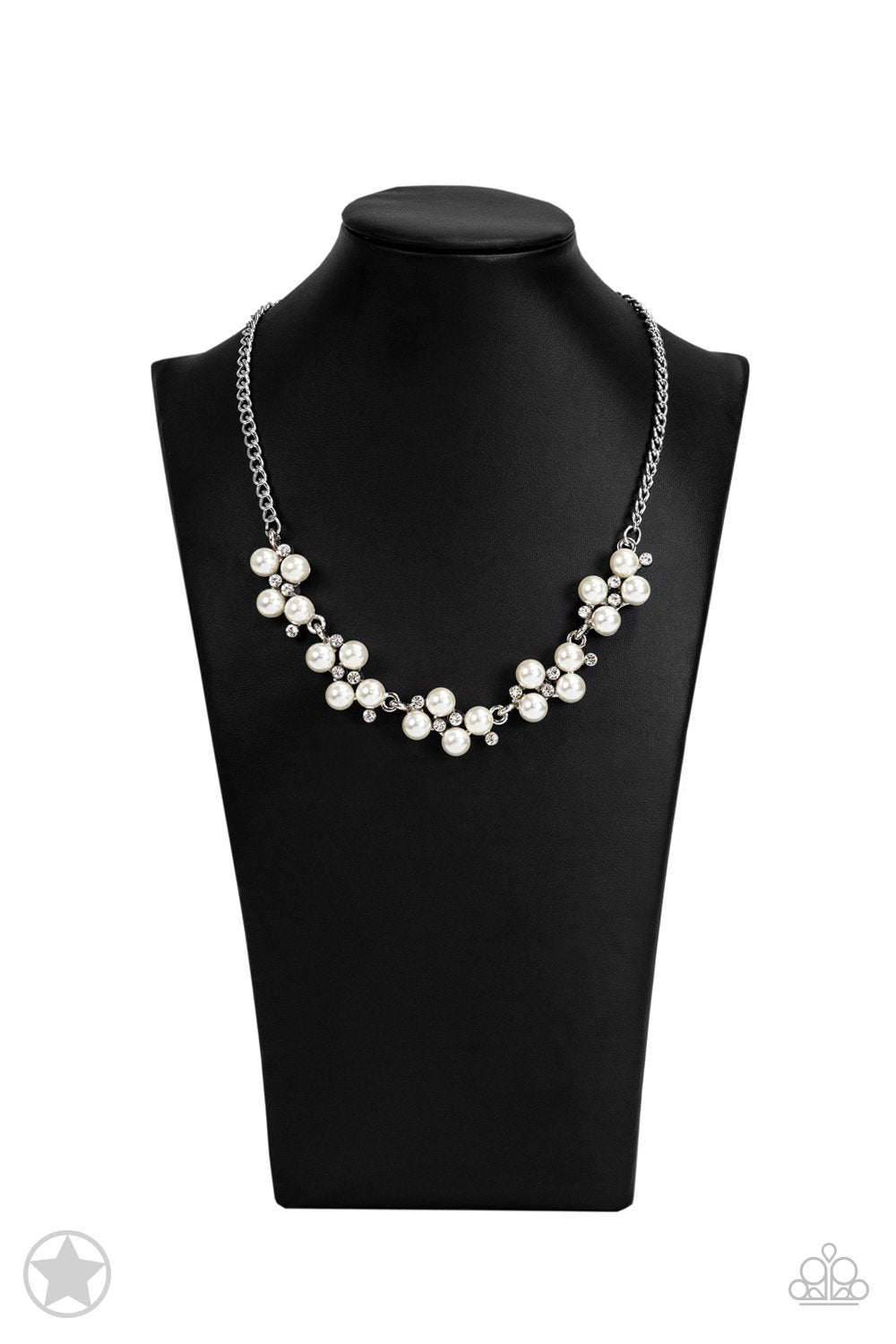 Love Story White Pearl Necklace and matching Earrings - Paparazzi Accessories- on bust -CarasShop.com - $5 Jewelry by Cara Jewels