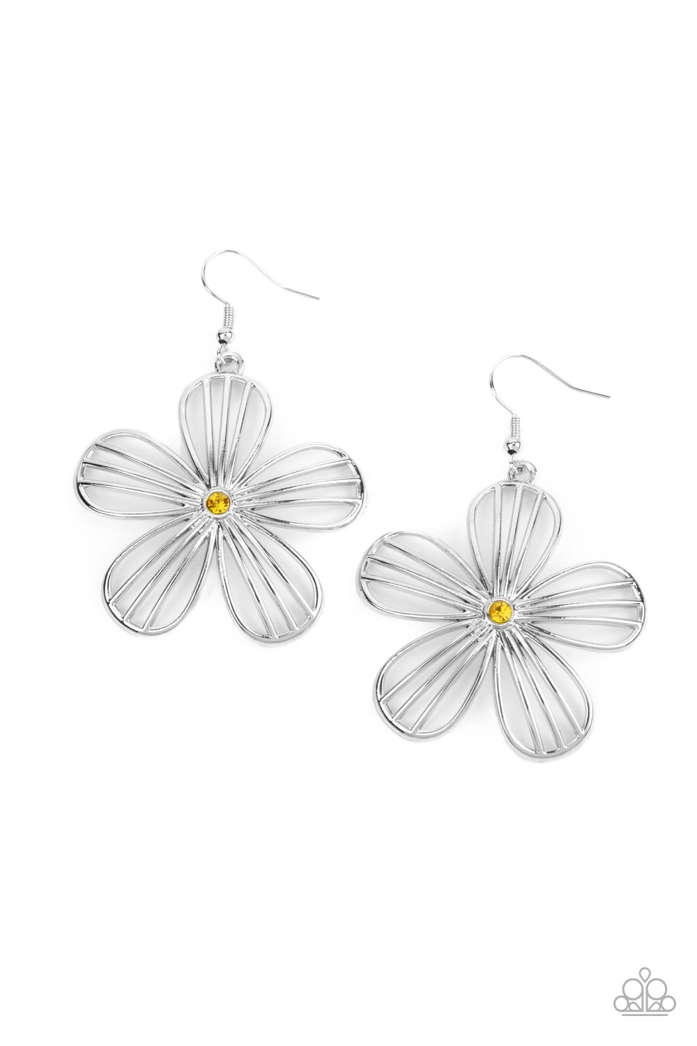 Meadow Musical Yellow Rhinestone and Silver Flower Earrings - Paparazzi Accessories - lightbox -CarasShop.com - $5 Jewelry by Cara Jewels