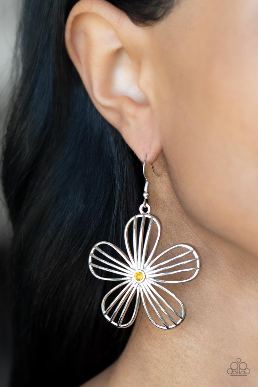 Meadow Musical Yellow Rhinestone and Silver Flower Earrings - Paparazzi Accessories - model -CarasShop.com - $5 Jewelry by Cara Jewels