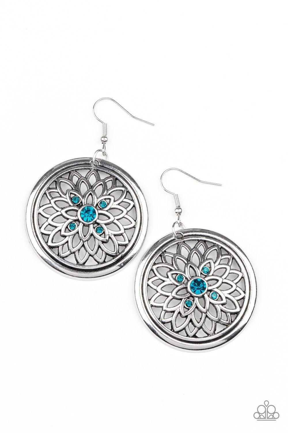 Mega Medallions Blue Rhinestone and Silver Filigree Earrings - Paparazzi Accessories- lightbox - CarasShop.com - $5 Jewelry by Cara Jewels
