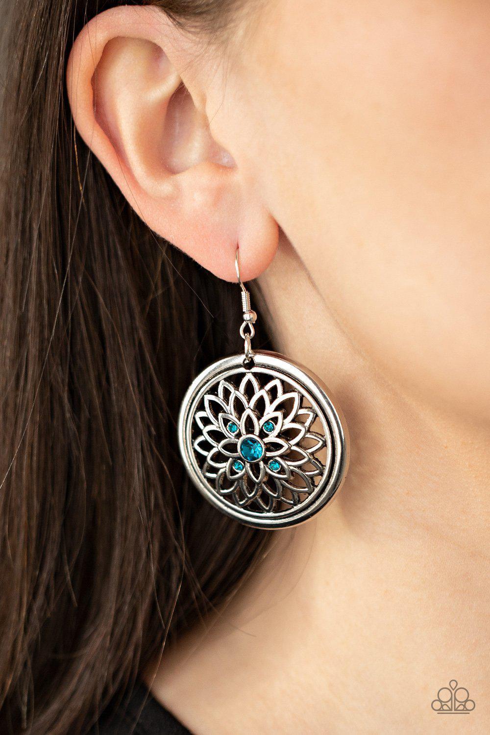 Mega Medallions Blue Rhinestone and Silver Filigree Earrings - Paparazzi Accessories- model - CarasShop.com - $5 Jewelry by Cara Jewels