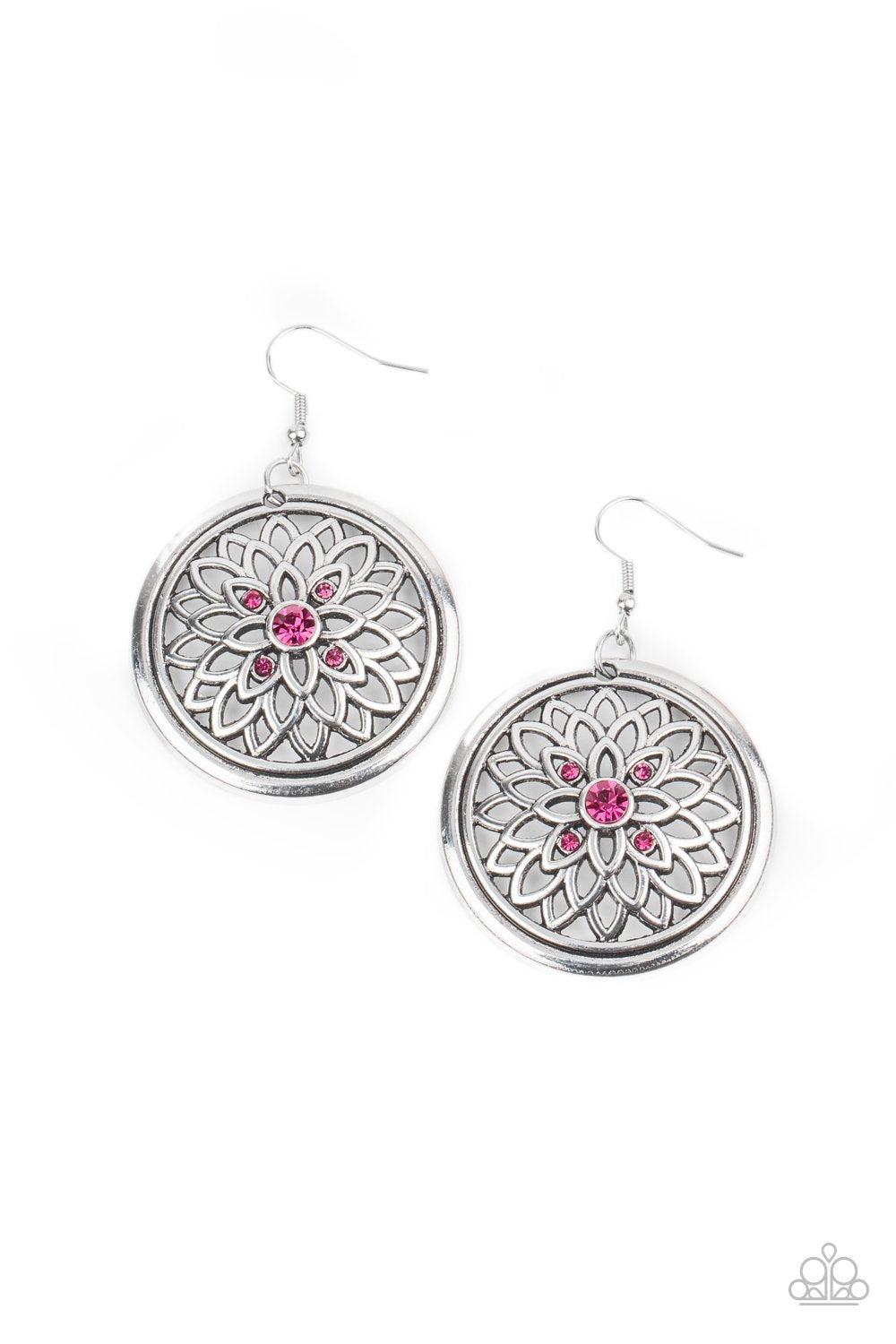 Mega Medallions Pink Rhinestone and Silver Earrings - Paparazzi Accessories- lightbox - CarasShop.com - $5 Jewelry by Cara Jewels
