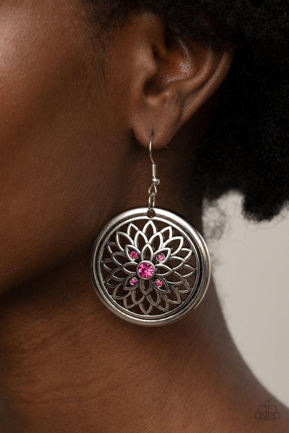 Mega Medallions Pink Rhinestone and Silver Earrings - Paparazzi Accessories- model - CarasShop.com - $5 Jewelry by Cara Jewels