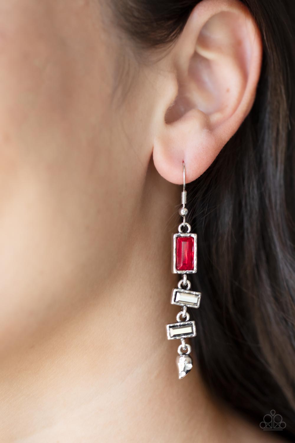 Modern Day Artifact Red and Hematite Rhinestone Earrings - Paparazzi Accessories- model - CarasShop.com - $5 Jewelry by Cara Jewels