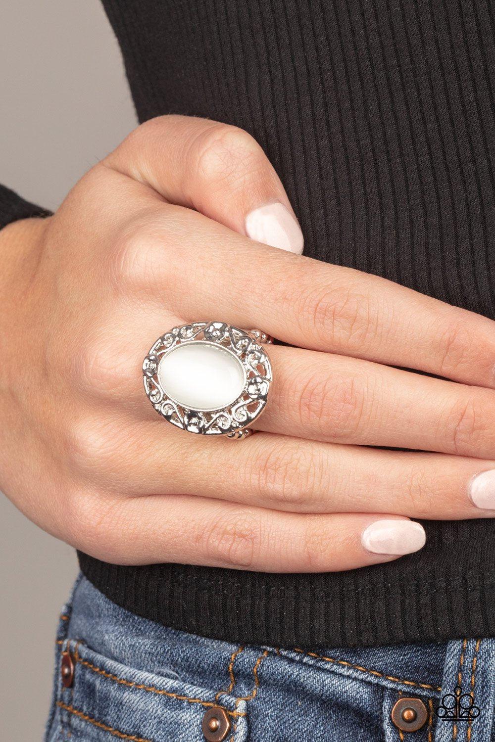 Moonlit Marigold White Moonstone Ring - Paparazzi Accessories- lightbox - CarasShop.com - $5 Jewelry by Cara Jewels