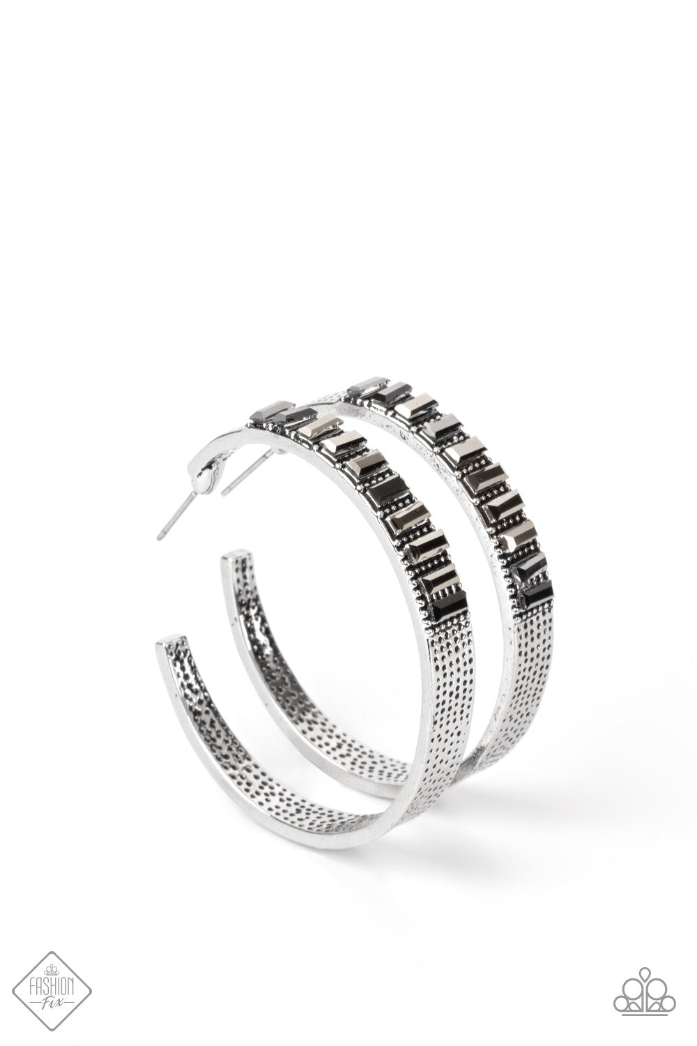 More To Love Silver Hematite Rhinestone Hoop Earrings - Paparazzi Accessories- lightbox - CarasShop.com - $5 Jewelry by Cara Jewels