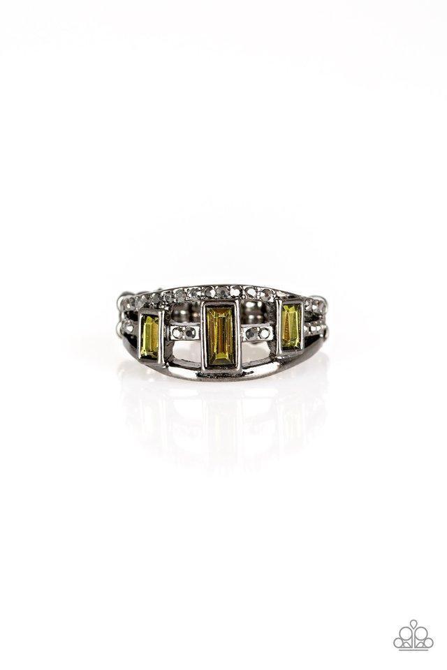 Noble Nova Green Rhinestone and Gunmetal Ring - Paparazzi Accessories- lightbox - CarasShop.com - $5 Jewelry by Cara Jewels