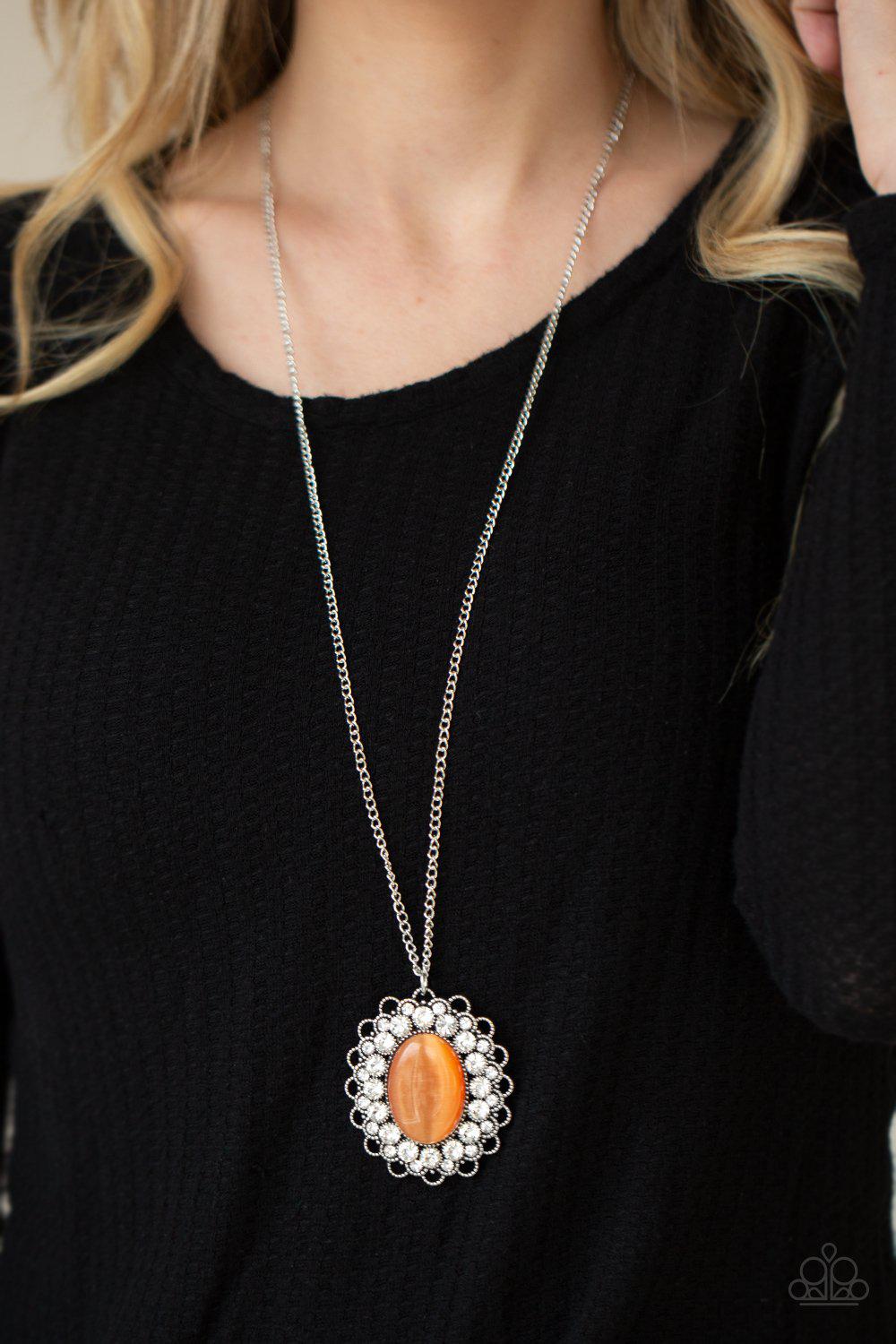 Oh My Medallion Orange Cat&#39;s Eye Stone Necklace - Paparazzi Accessories- model - CarasShop.com - $5 Jewelry by Cara Jewels