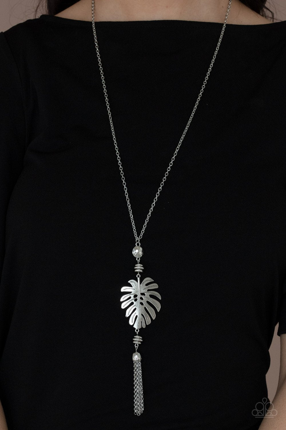 Palm Promenade Silver Palm Leaf Tassel Necklace - Paparazzi Accessories - model -CarasShop.com - $5 Jewelry by Cara Jewels