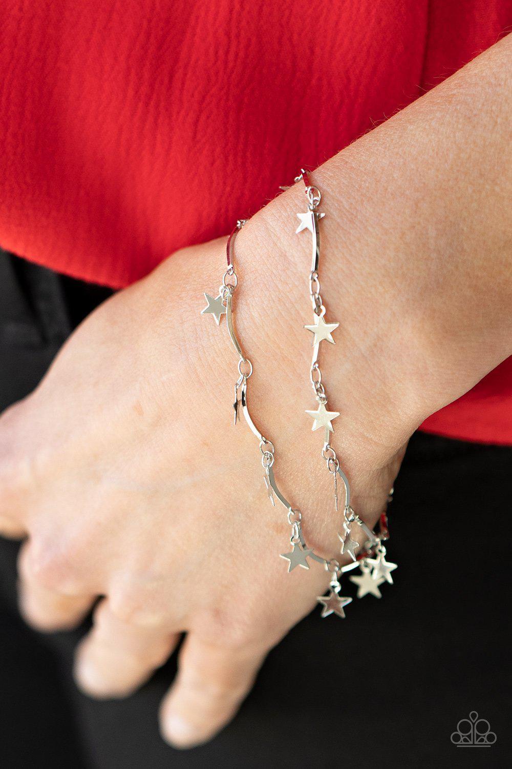 Party In The USA Silver Star Bracelet - Paparazzi Accessories- model - CarasShop.com - $5 Jewelry by Cara Jewels