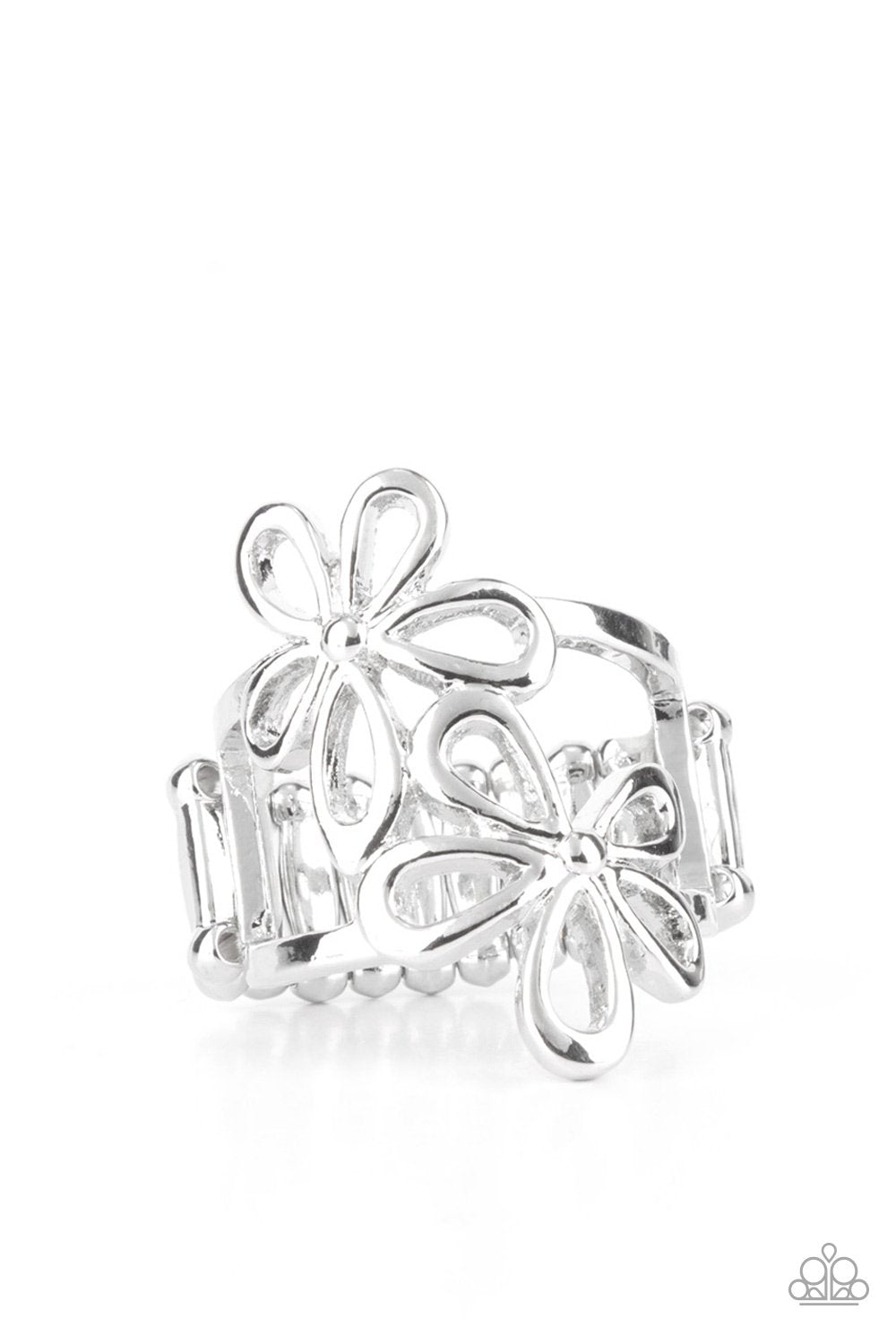 Perennial Pair Silver Daisy Flower Ring - Paparazzi Accessories- lightbox - CarasShop.com - $5 Jewelry by Cara Jewels