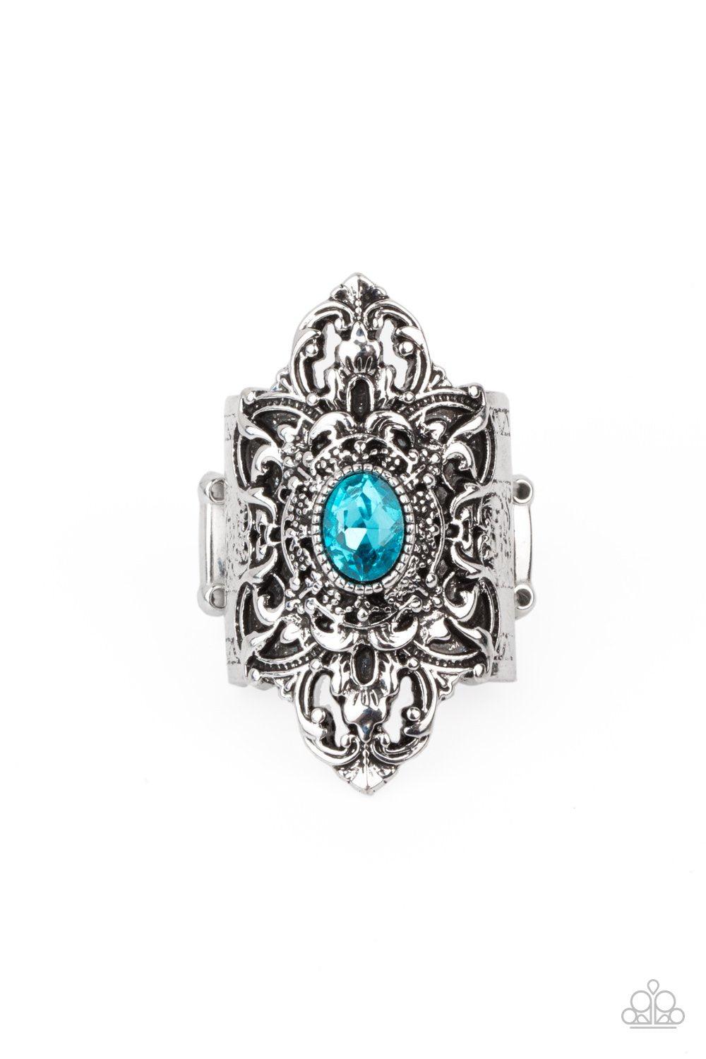 Perennial Posh Blue Rhinestone and Floral Ring - Paparazzi Accessories- lightbox - CarasShop.com - $5 Jewelry by Cara Jewels
