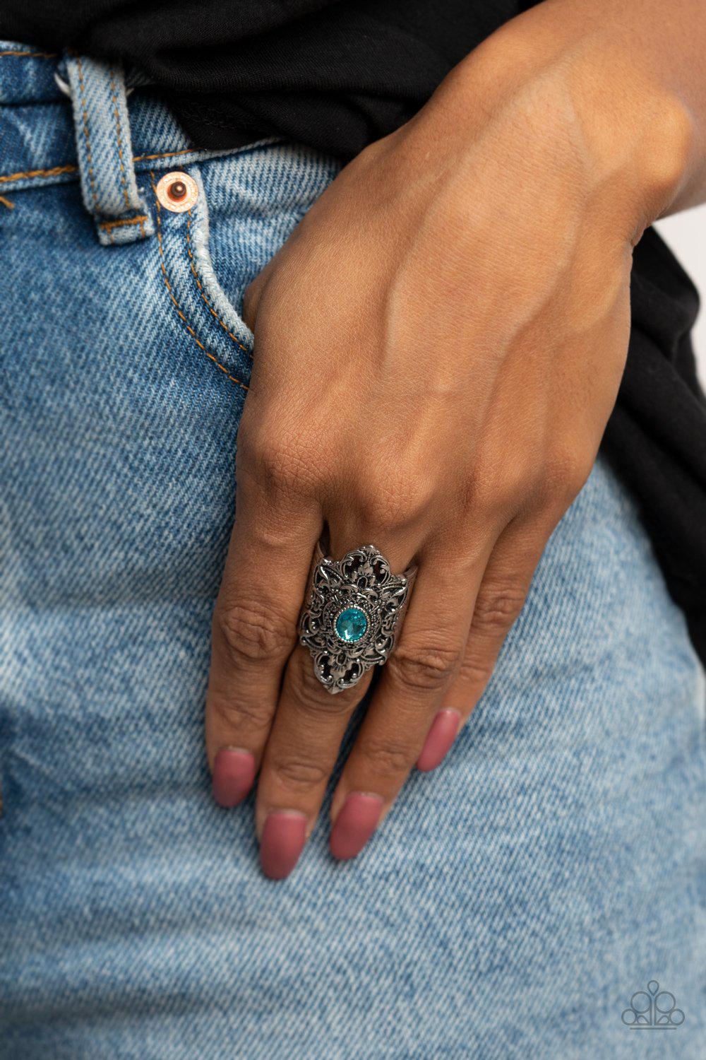 Perennial Posh Blue Rhinestone and Floral Ring - Paparazzi Accessories- model - CarasShop.com - $5 Jewelry by Cara Jewels