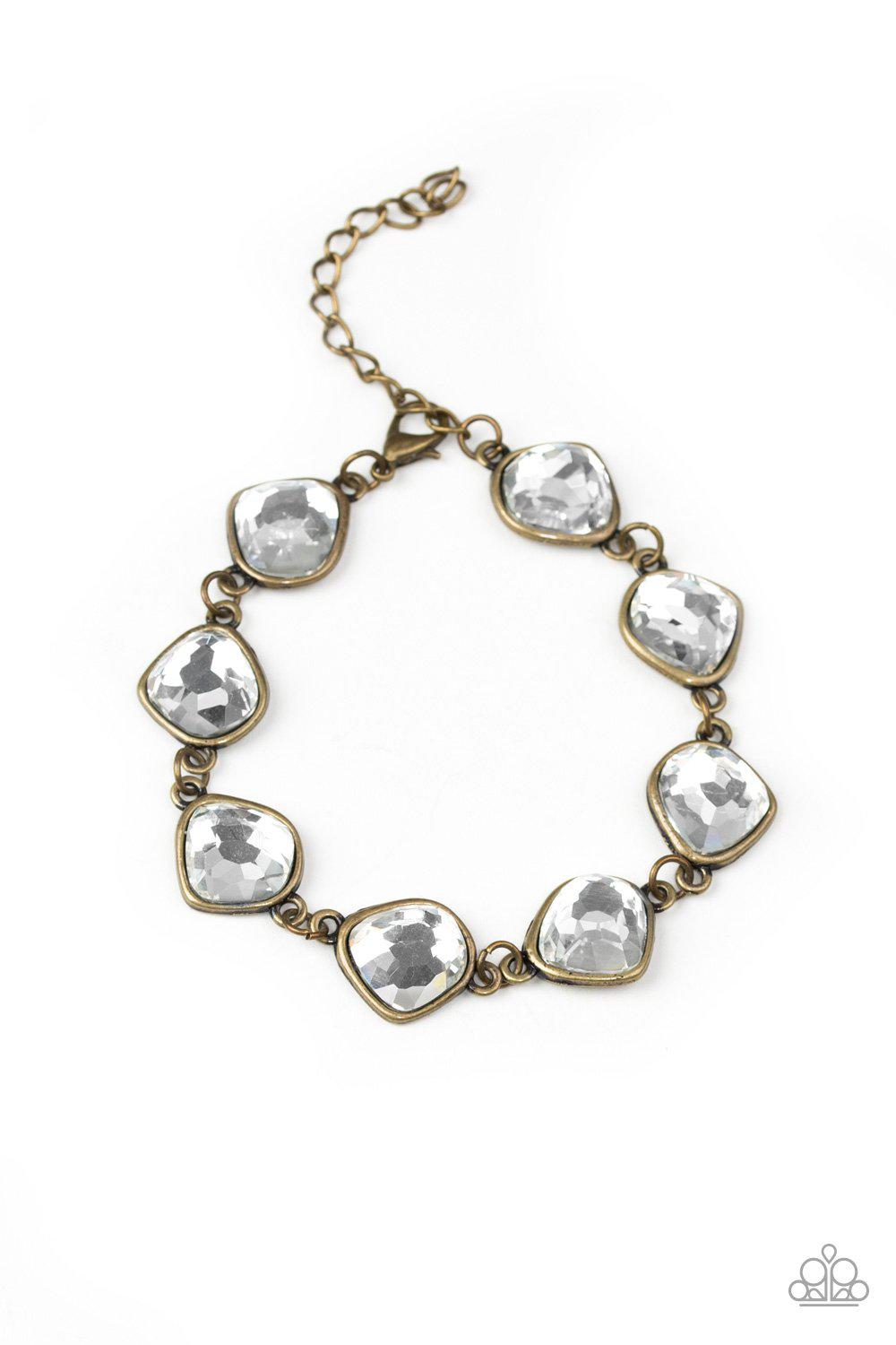 Perfect Imperfection Brass and White Rhinestone Bracelet - Paparazzi Accessories- lightbox - CarasShop.com - $5 Jewelry by Cara Jewels
