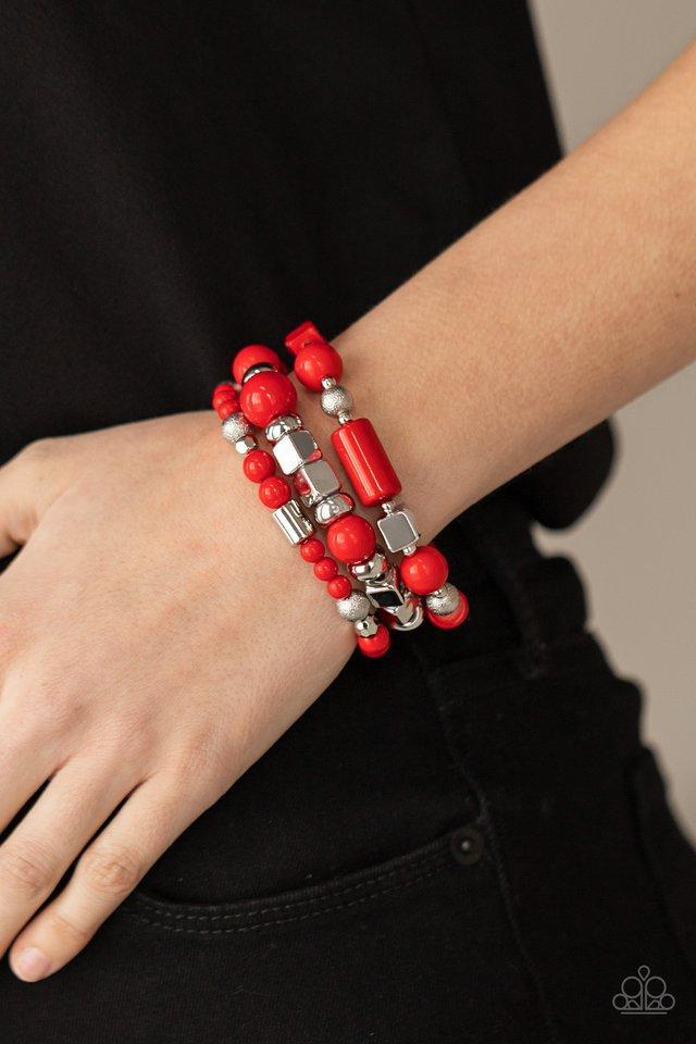 Perfectly Prismatic Red and Silver Bracelet Set - Paparazzi Accessories- model - CarasShop.com - $5 Jewelry by Cara Jewels