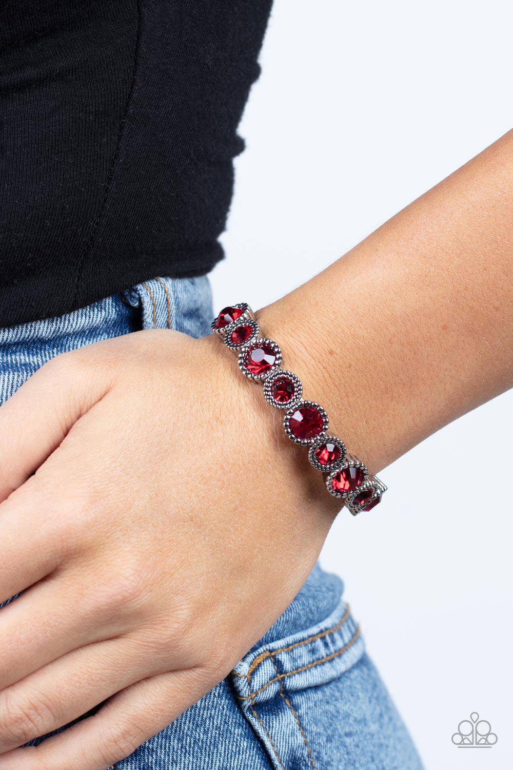 Phenomenally Perennial Red Rhinestone Bracelet - Paparazzi Accessories - model -CarasShop.com - $5 Jewelry by Cara Jewels