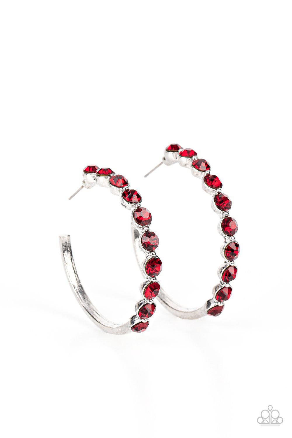Photo Finish Red Rhinestone Hoop Earrings - Paparazzi Accessories- lightbox - CarasShop.com - $5 Jewelry by Cara Jewels