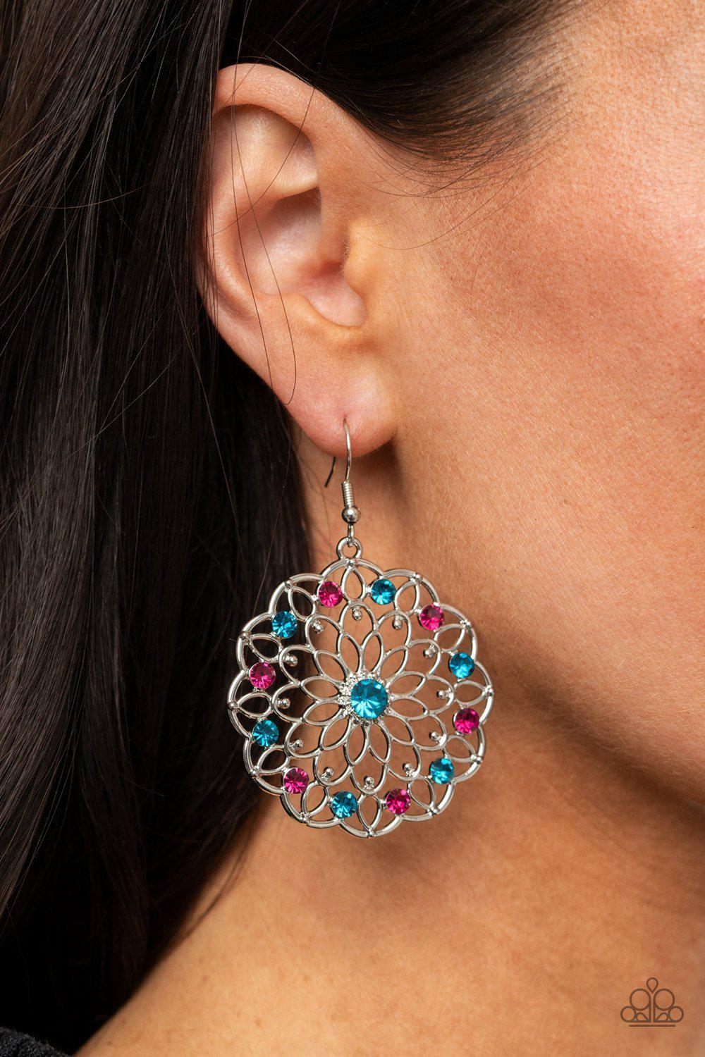 Posy Proposal Multi Blue and Pink Rhinestone Flower Earrings - Paparazzi Accessories - model -CarasShop.com - $5 Jewelry by Cara Jewels