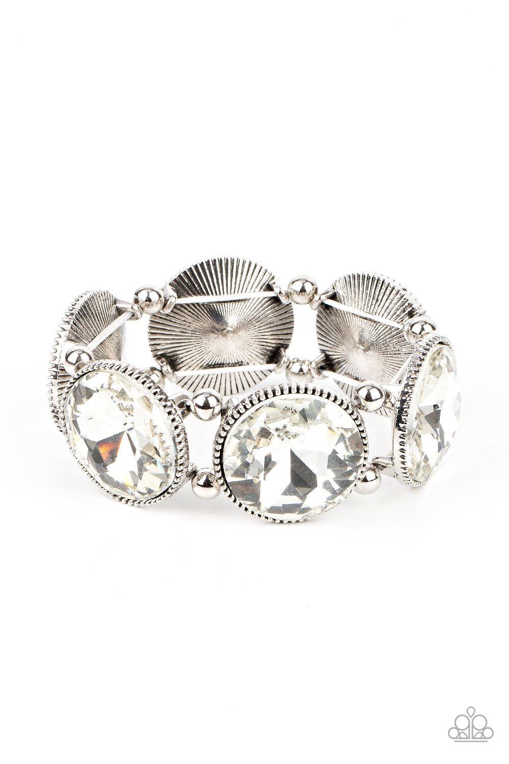 Powerhouse Hustle White Rhinestone Bracelet - Paparazzi Accessories Life of the Party Exclusive October 2021- lightbox - CarasShop.com - $5 Jewelry by Cara Jewels