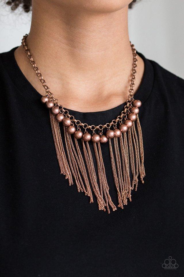 Powerhouse Prowl Copper Fringe Necklace - Paparazzi Accessories- model - CarasShop.com - $5 Jewelry by Cara Jewels