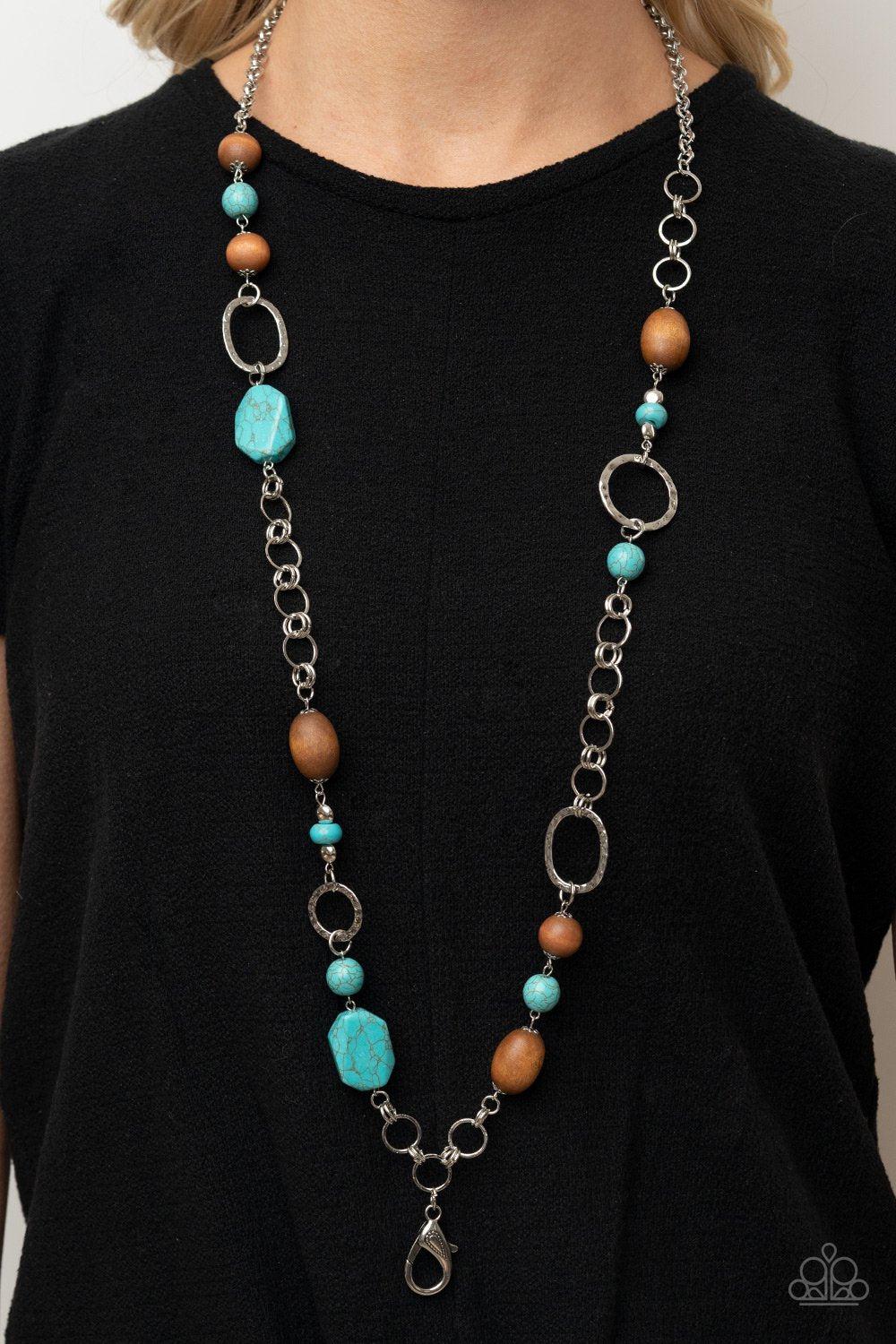 Prairie Reserve Turquoise Blue Stone and Wood Bead Lanyard Necklace - Paparazzi Accessories- model - CarasShop.com - $5 Jewelry by Cara Jewels