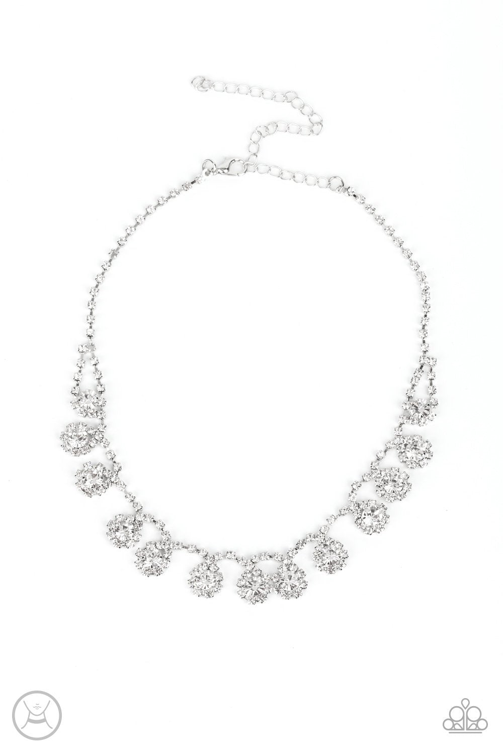 Princess Prominence White Rhinestone Necklace - Paparazzi Accessories Life of the Party Exclusive November 2021 - lightbox -CarasShop.com - $5 Jewelry by Cara Jewels