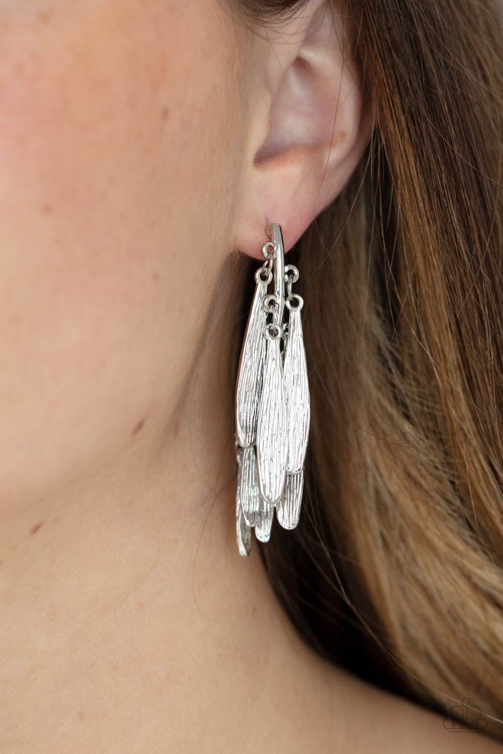Pursuing The Plumes Silver Earrings - Paparazzi Accessories- model - CarasShop.com - $5 Jewelry by Cara Jewels