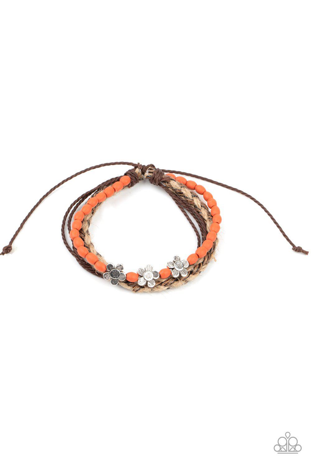 Raffia Remix Orange Wood and Silver Flower Urban Sliding Knot Bracelet - Paparazzi Accessories- lightbox - CarasShop.com - $5 Jewelry by Cara Jewels