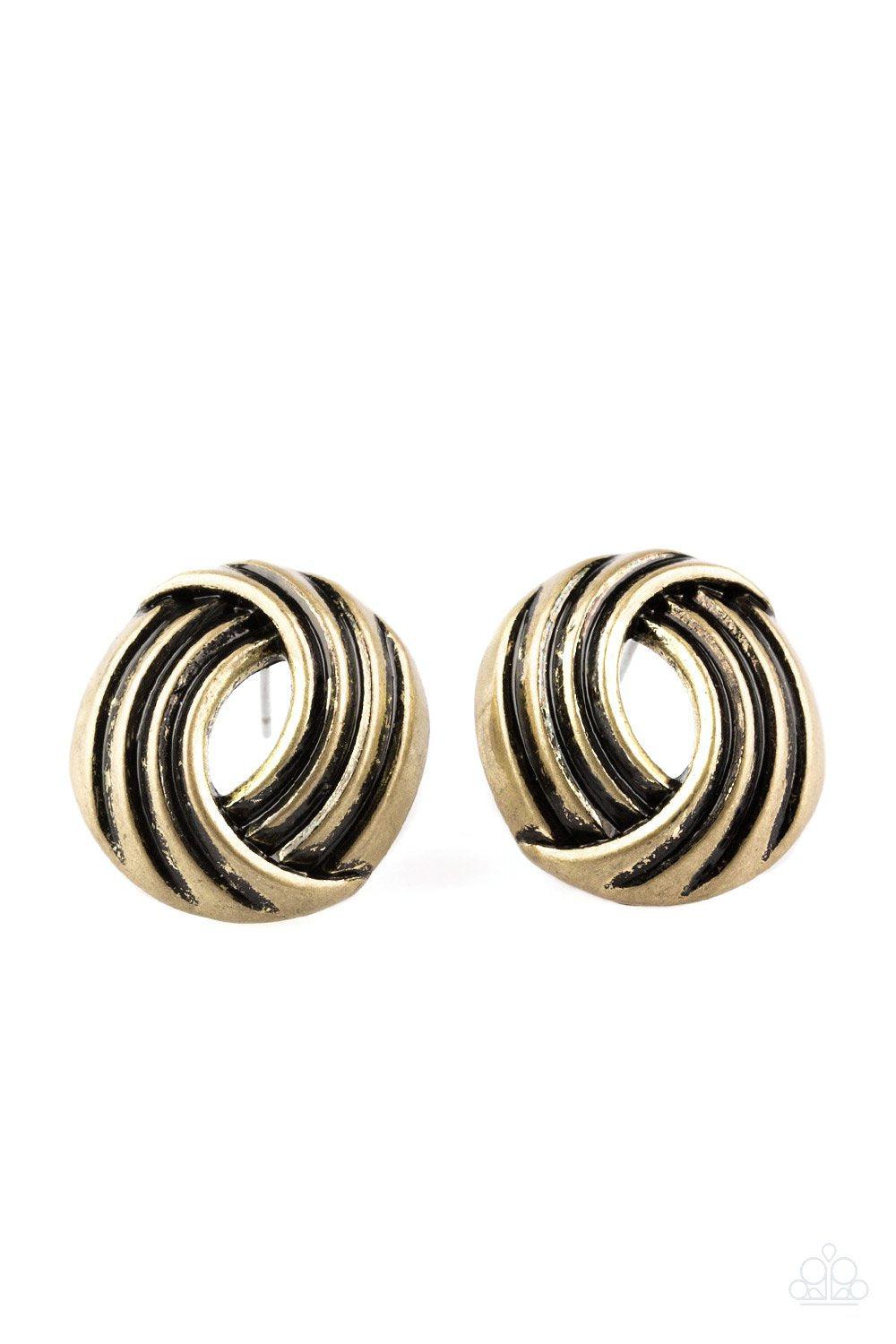 Rare Refinement Brass Post Earrings - Paparazzi Accessories- lightbox - CarasShop.com - $5 Jewelry by Cara Jewels