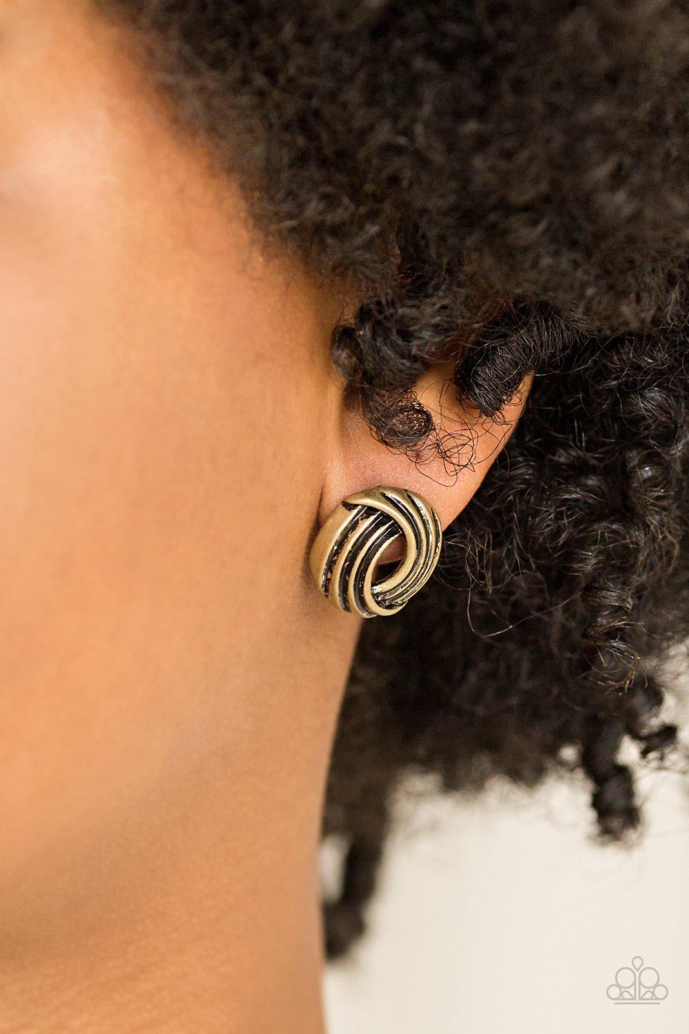 Rare Refinement Brass Post Earrings - Paparazzi Accessories- model - CarasShop.com - $5 Jewelry by Cara Jewels