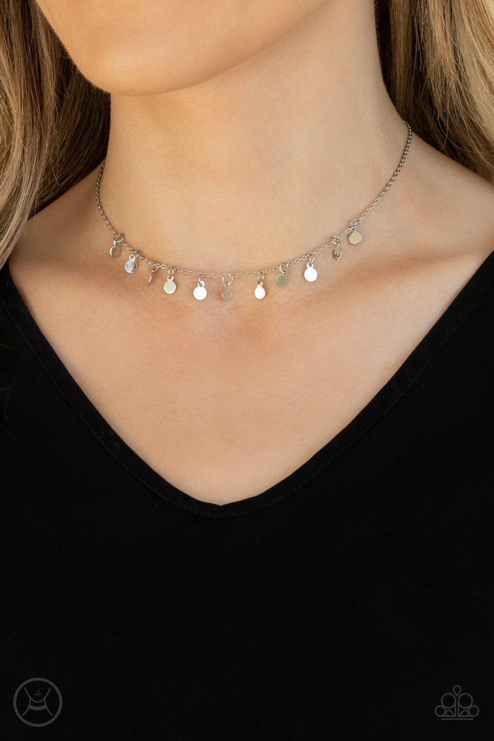 Ready, Set, DISCO! Silver Choker Necklace - Paparazzi Accessories- model - CarasShop.com - $5 Jewelry by Cara Jewels