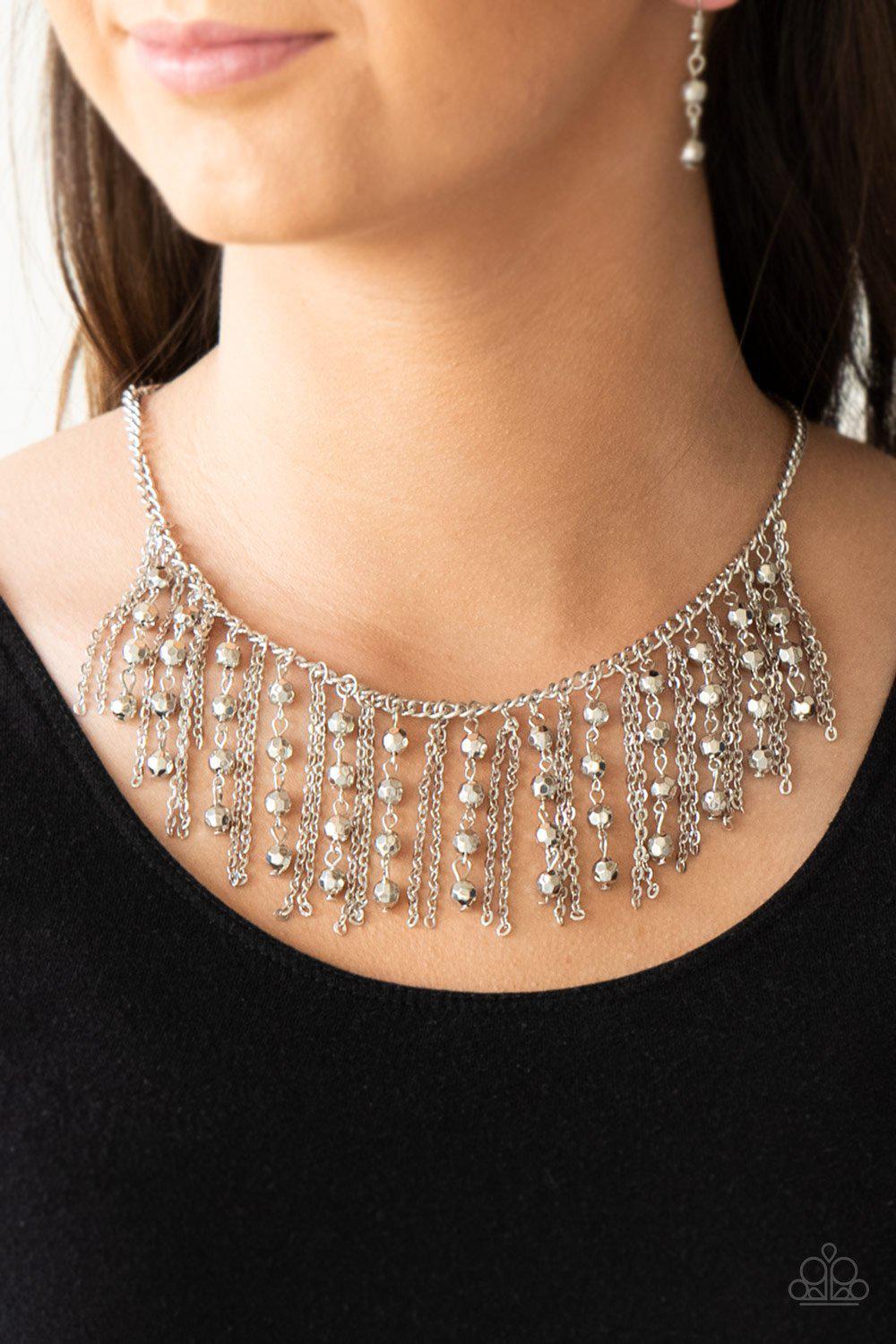 Rebel Remix Silver Fringe Necklace - Paparazzi Accessories- model - CarasShop.com - $5 Jewelry by Cara Jewels
