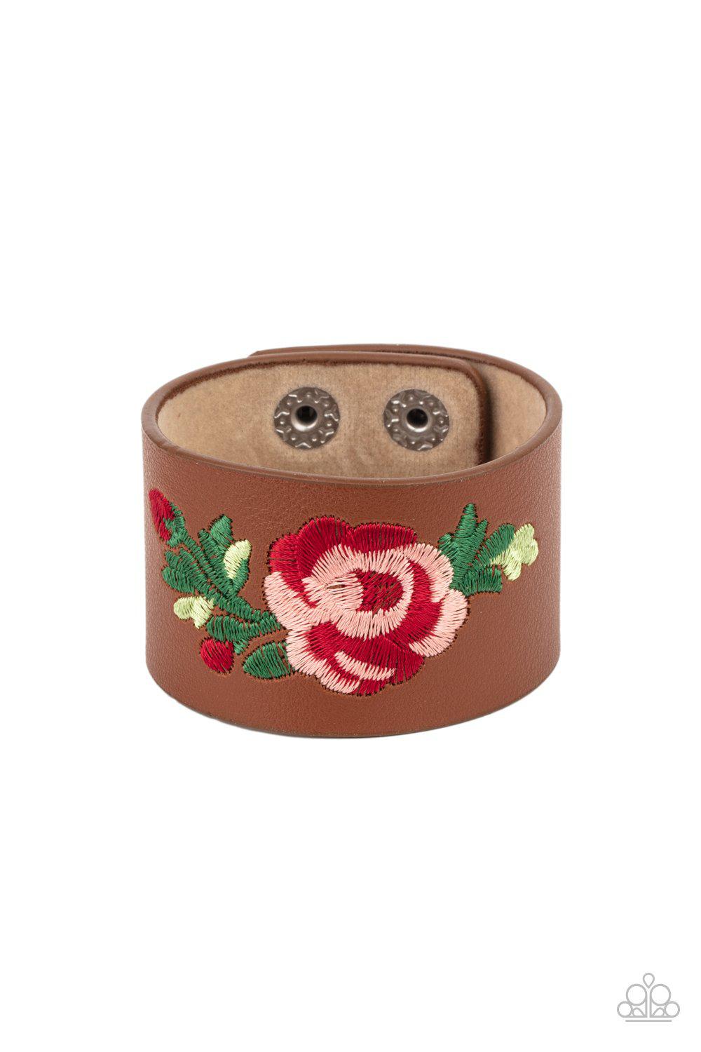 Rebel Rose Brown Leather and Red Rose Floral Urban Wrap Snap Bracelet - Paparazzi Accessories- lightbox - CarasShop.com - $5 Jewelry by Cara Jewels