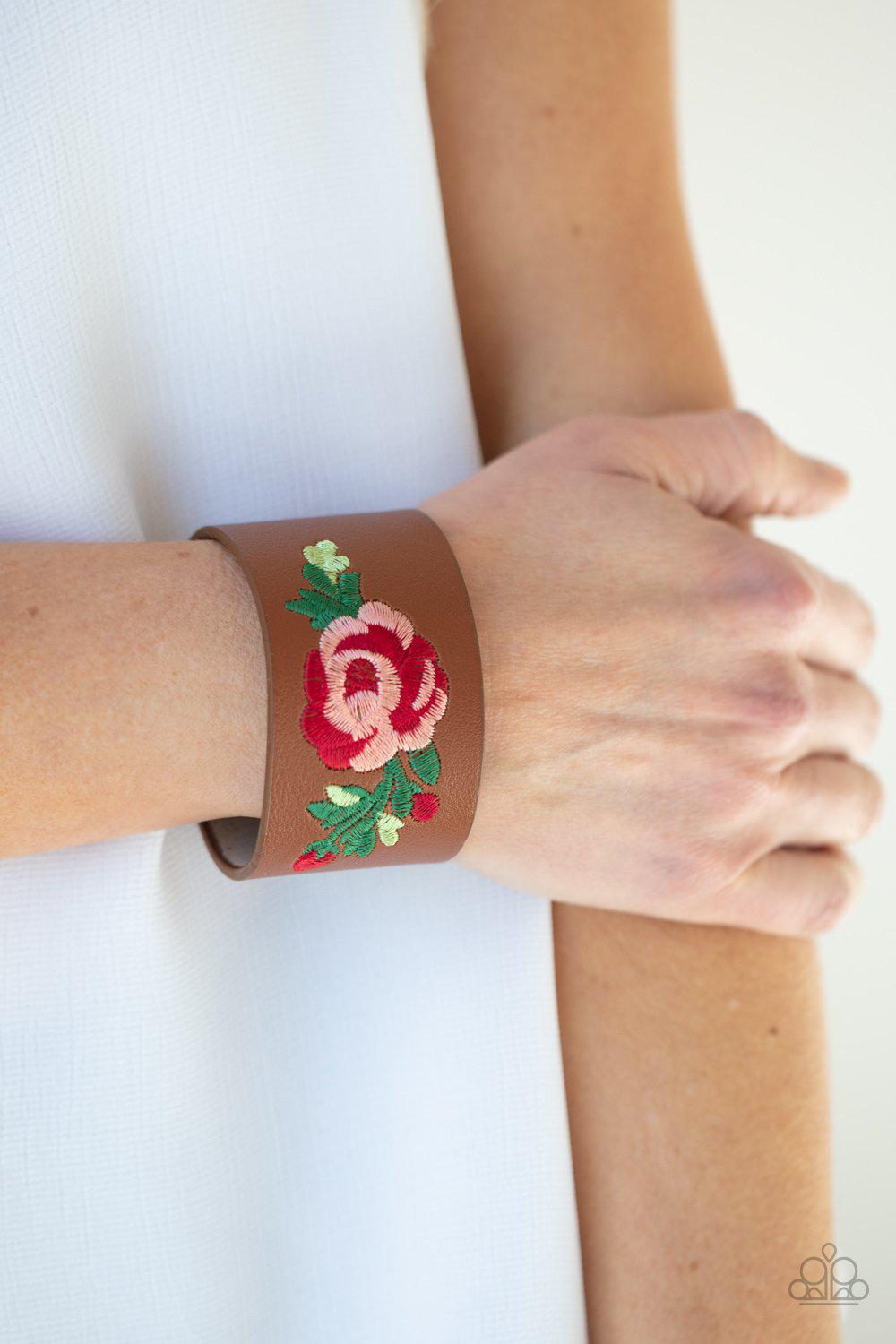 Rebel Rose Brown Leather and Red Rose Floral Urban Wrap Snap Bracelet - Paparazzi Accessories- model - CarasShop.com - $5 Jewelry by Cara Jewels