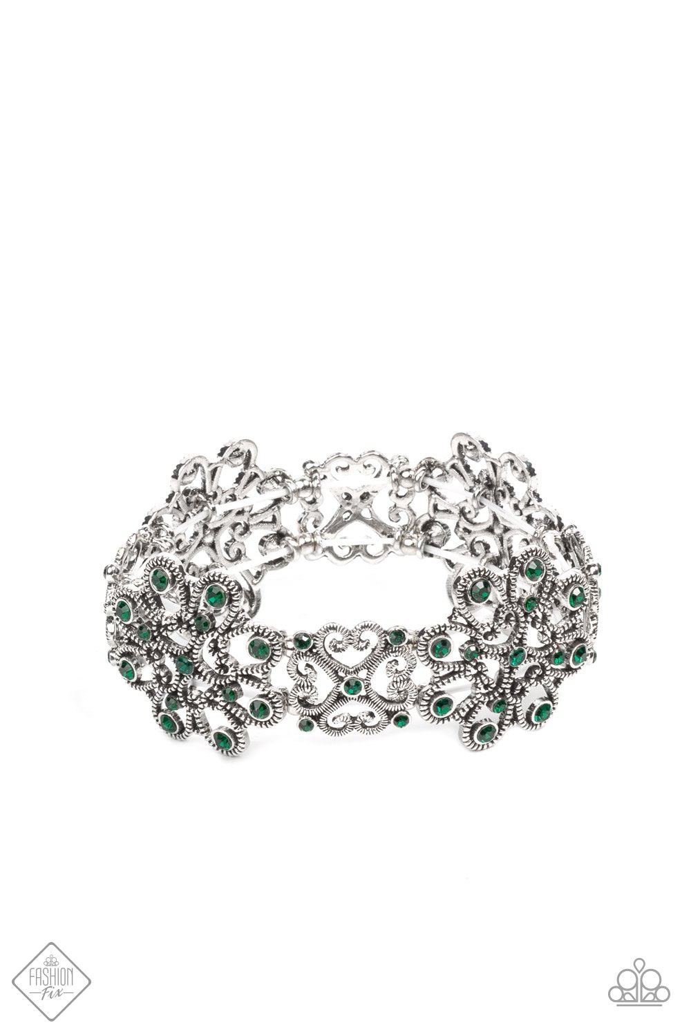 Regal Recognition Green Rhinestone and Silver Filigree Bracelet - Paparazzi Accessories- lightbox - CarasShop.com - $5 Jewelry by Cara Jewels