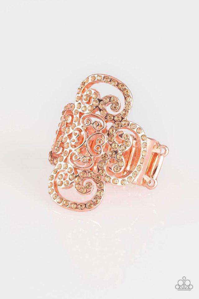 Regal Regalia Copper Rhinestone Ring - Paparazzi Accessories - lightbox -CarasShop.com - $5 Jewelry by Cara Jewels