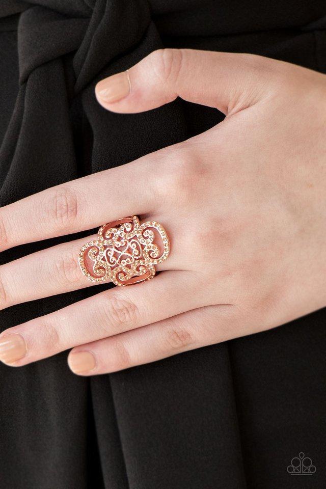 Regal Regalia Copper Rhinestone Ring - Paparazzi Accessories - model -CarasShop.com - $5 Jewelry by Cara Jewels