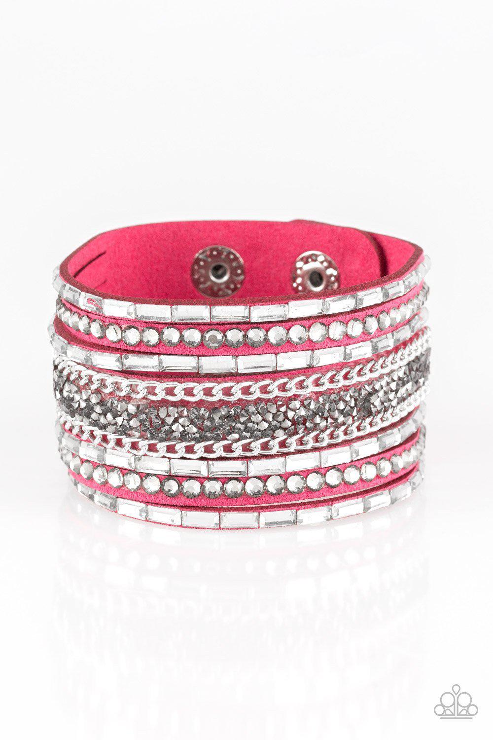 Rhinestone Rumble Pink Urban Wrap Snap Bracelet - Paparazzi Accessories- lightbox - CarasShop.com - $5 Jewelry by Cara Jewels
