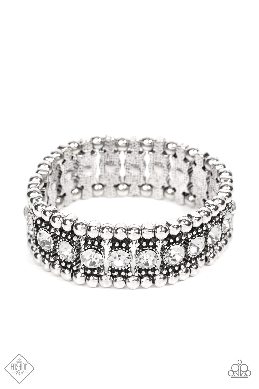 Ritzy Reboot White Rhinestone and Silver Bracelet - Paparazzi Accessories- lightbox - CarasShop.com - $5 Jewelry by Cara Jewels