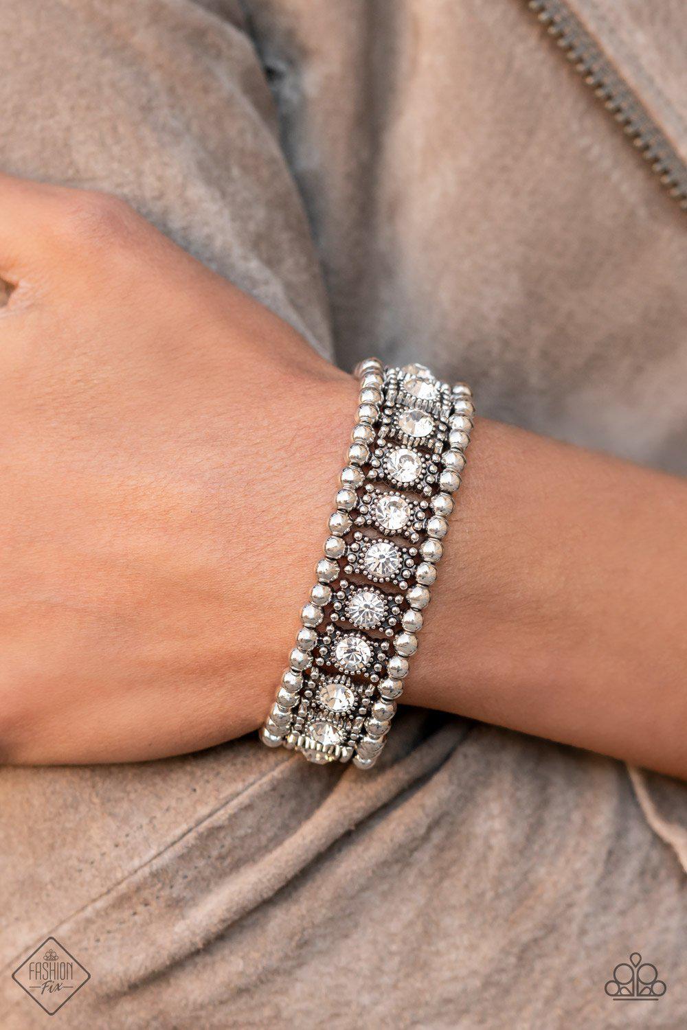 Ritzy Reboot White Rhinestone and Silver Bracelet - Paparazzi Accessories- model - CarasShop.com - $5 Jewelry by Cara Jewels