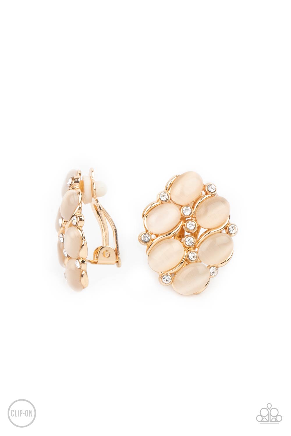 Row, Row, Row Your YACHT Gold Cat&#39;s Eye Stone Clip-On Earrings - Paparazzi Accessories- lightbox - CarasShop.com - $5 Jewelry by Cara Jewels