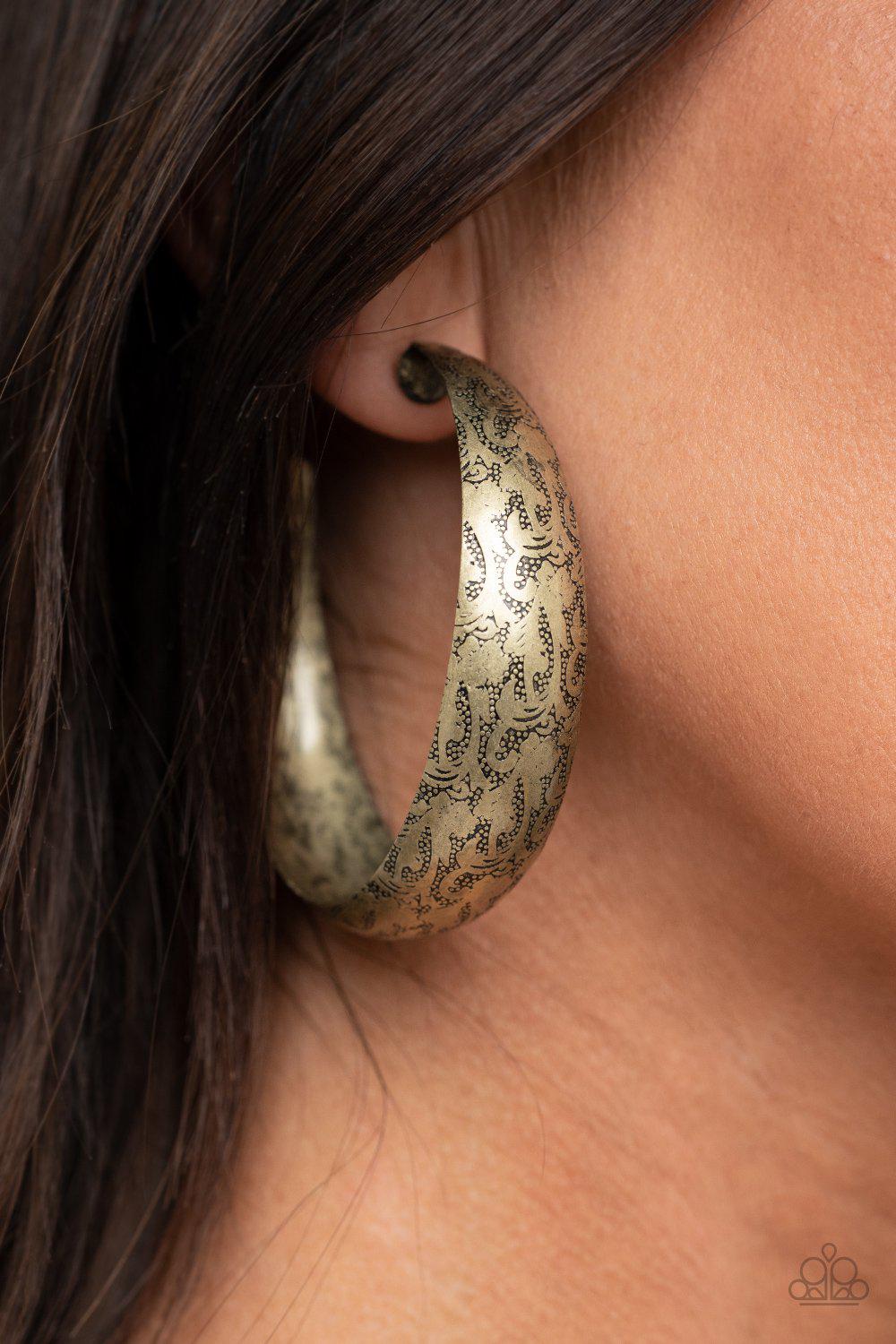 Sahara Sandstorm Brass Hoop Earrings - Paparazzi Accessories - model -CarasShop.com - $5 Jewelry by Cara Jewels