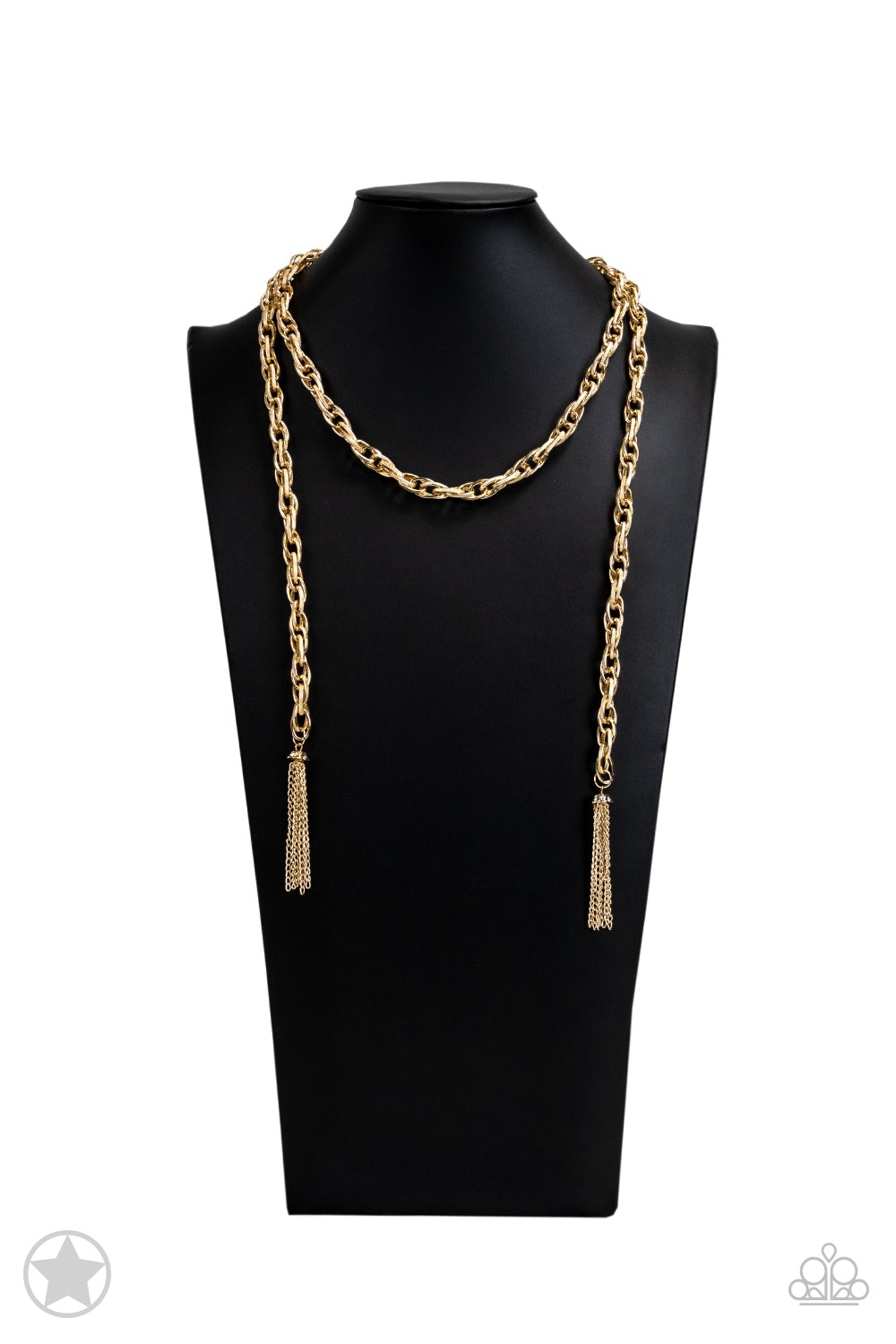 Scarfed for Attention Gold Chain Necklace and matching Earrings - Paparazzi Accessories- on bust -CarasShop.com - $5 Jewelry by Cara Jewels