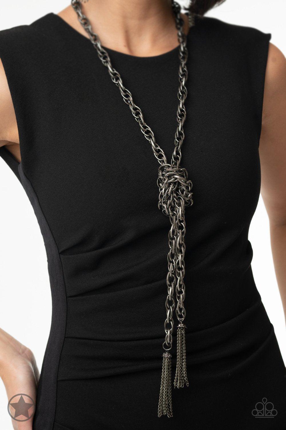 Scarfed for Attention Gunmetal Chain Necklace and matching Earrings - Paparazzi Accessories - model -CarasShop.com - $5 Jewelry by Cara Jewels